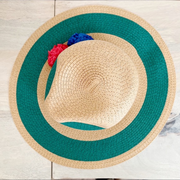 Sun Hat Pom Pom Stripe Teal Tan One Size - Picture 5 of 8